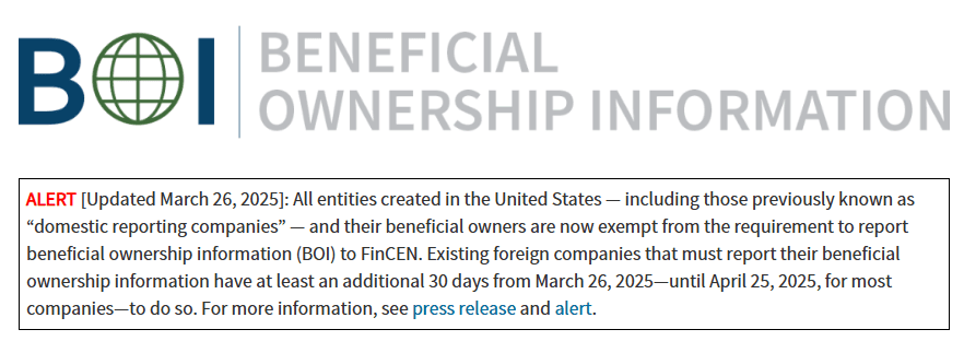 Screenshot BOI Alerts on FinCEN official website